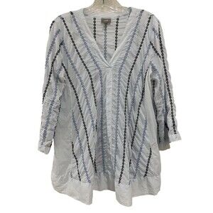 J. Jill Women's M Ice Blue Embroidered Stripe V-Neck Sheer Rayon Boho Tunic Top